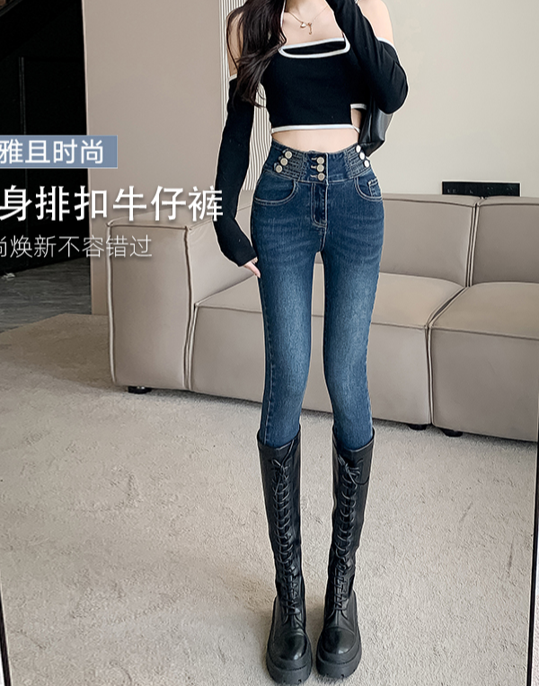 修身排扣牛仔裤 详情页